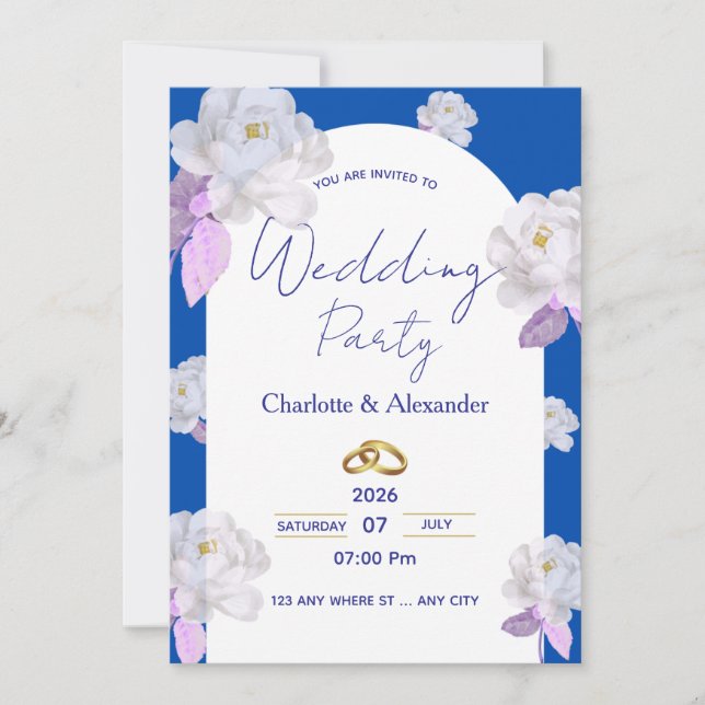 Convite de Casamento com Arco Floral Azul Elegante (Frente)