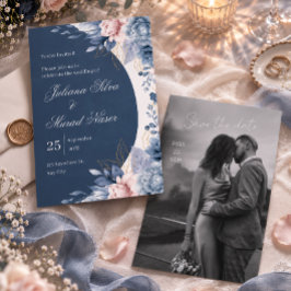 Convite de Casamento com Arco Floral Azul Empoeira