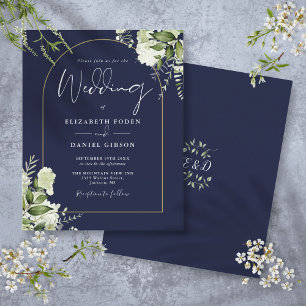 Convite de casamento com arco floral azul naval or