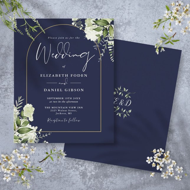 Convite de casamento com arco floral azul naval or (Budget Navy Blue Floral Gold Arch Wedding Invite)