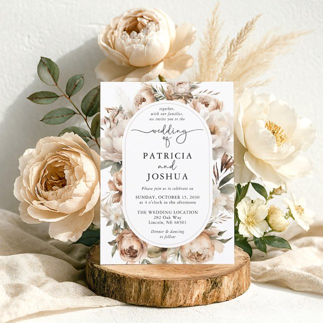 Convite de Casamento com Arco Floral Boho Elegante (Rustic Boho Wedding Invitation styled with pampas grass and blush floral accents)