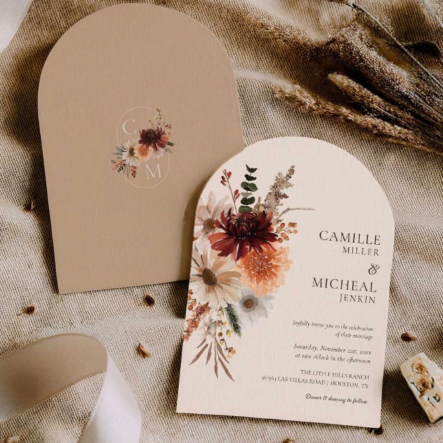 Convite de Casamento com Arco Floral Burgundy Eleg (Fall Burgundy Floral Arched Wedding Invitation with Monogram)