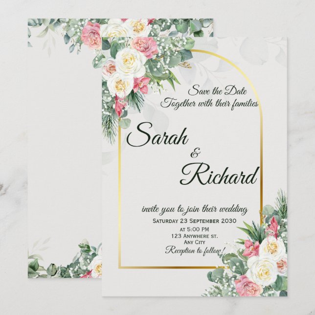 Convite de Casamento com Arco Floral em Verde Salv (Frente/Verso)