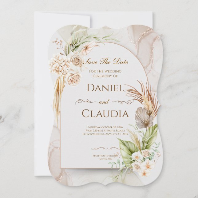 Convite de Casamento com Arco Floral Seco e Grama (Frente)
