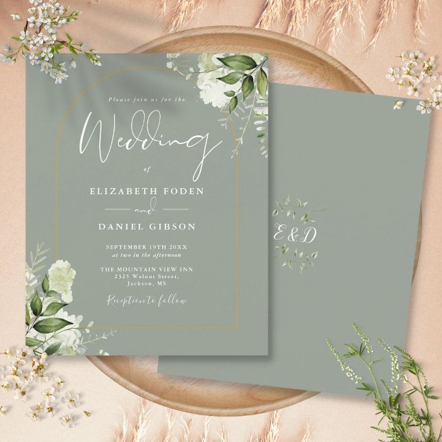 Convite de Casamento com Arco Floral Verde Sage Do (Budget Sage Green Floral Gold Arch Wedding Invite)