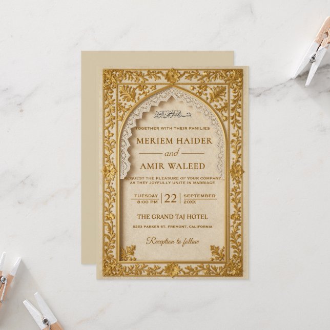Convite de casamento com arco islâmico real creme  (Frente/Verso In Situ)