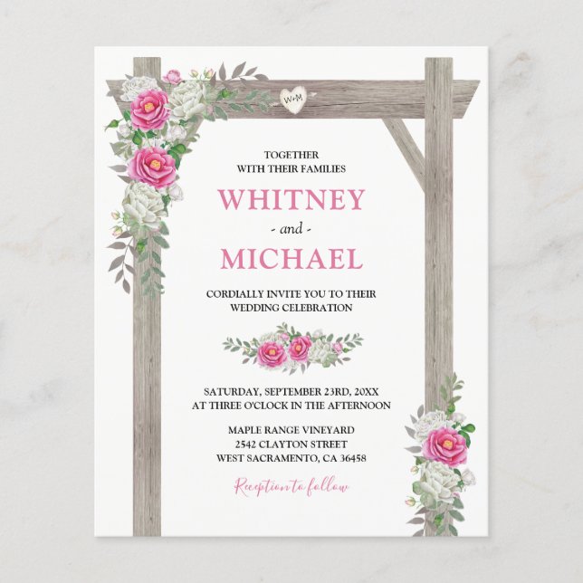 Convite de Casamento com Arco Rústico Floral Rosa  (Frente)