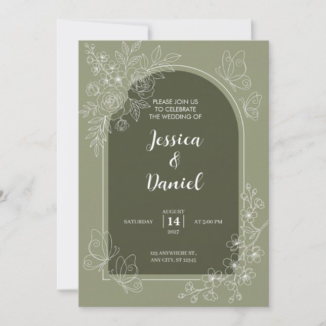 Convite de Casamento com Arco Verde Oliva e Linha  (Frente)