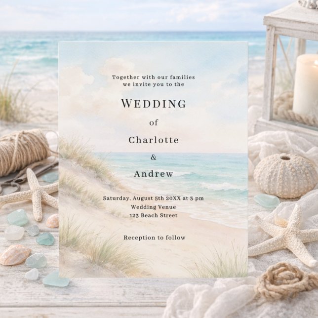 Convite de casamento com areia de dunas na praia e (Criador carregado)