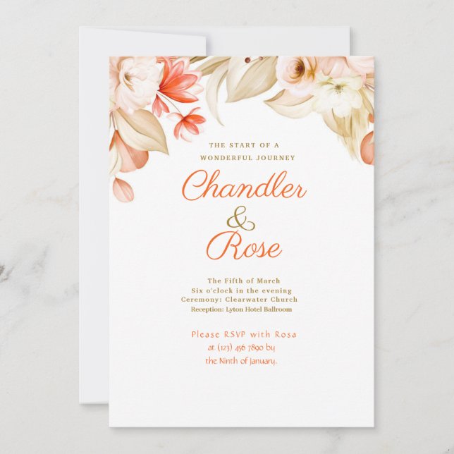 Convite de Casamento com Arranjo Floral Dourado (Frente)