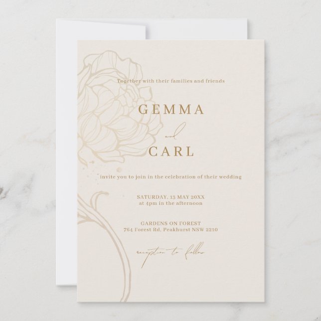 Convite de casamento com arte de linha de peônia e (Frente)
