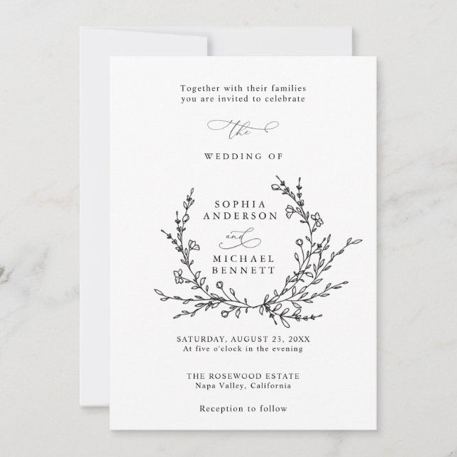 Convite de Casamento com Arte de Linha Floral Mini (Frente)