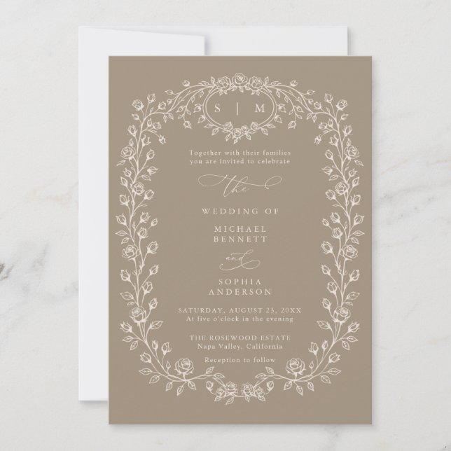 Convite de Casamento com Arte Linear Floral em Beg (Frente)