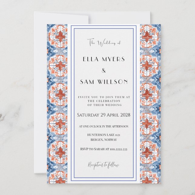 Convite de Casamento com Azulejo de Padrão Vermelh (Frente)