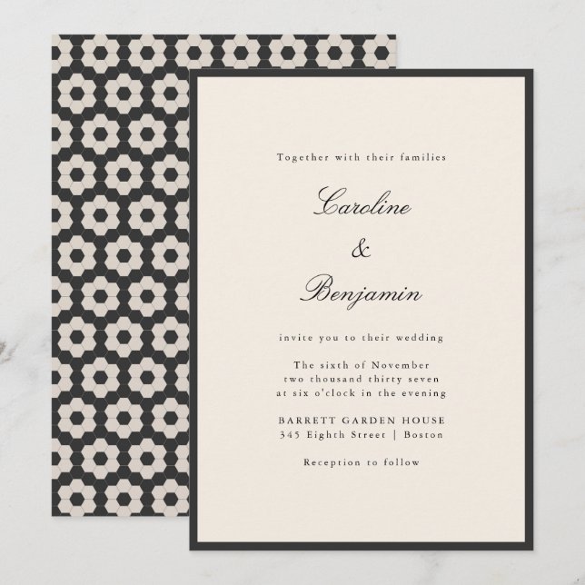 Convite de Casamento com Azulejo Hexagonal Preto M (Frente/Verso)