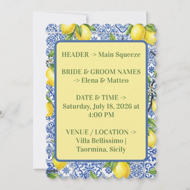 Convite de Casamento com Azulejo Siciliano e Limão (Frente)