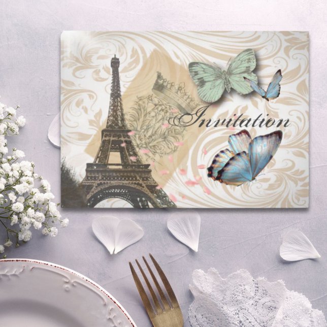 Convite de Casamento com Borboleta da Torre Eiffel (Paris Effiel Tower Butterfly Wedding Invitation)
