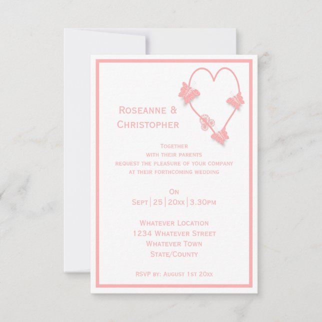 Convite de Casamento com Borboletas Cor-de-Rosa em (Frente)
