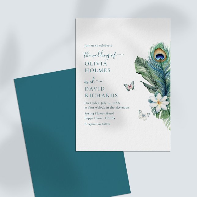 Convite de Casamento com Borboletas Elegantes e Pe (Elegant Butterflies Peacock Feather Wedding Invite on a white table.)