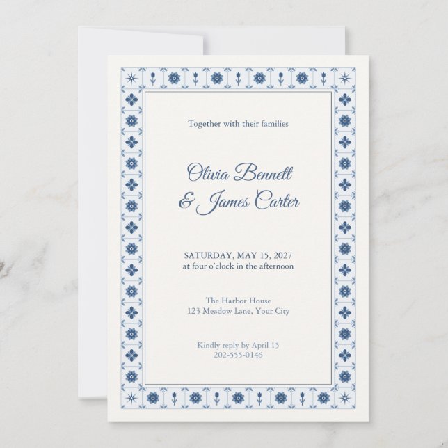 Convite de Casamento com Borda de Azulejo Delft Az (Frente)