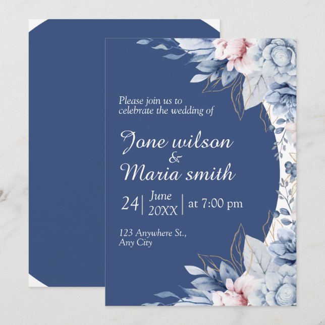 Convite de Casamento com Borda de Flor Azul (Frente/Verso)