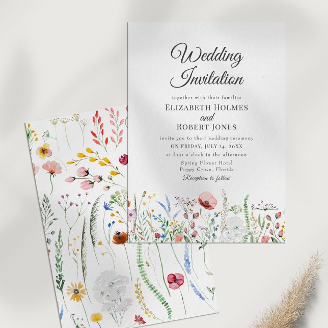 Convite de Casamento com Borda de Flores Silvestre (Boho Colorful Wildflower Meadow Wedding Invitation on a white table.)