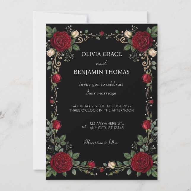 Convite de Casamento com Borda de Rosa Vermelha Pr (Frente)