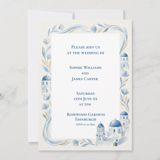 Convite de Casamento com Borda de Santorini do Ege (Frente)