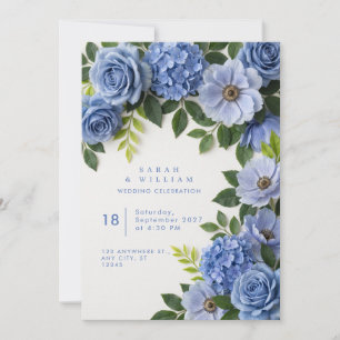 Convite de Casamento com Borda Floral Azul Desbota