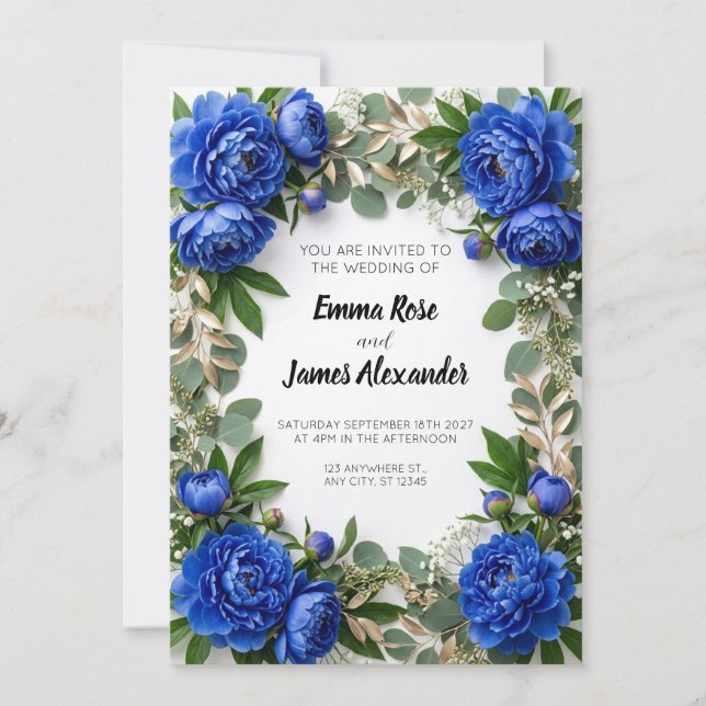 Convite de Casamento com Bordadura de Peônia Azul  (Frente)