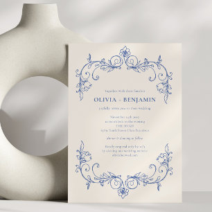 Convite de Casamento com Bordadura Floral Azul Vin