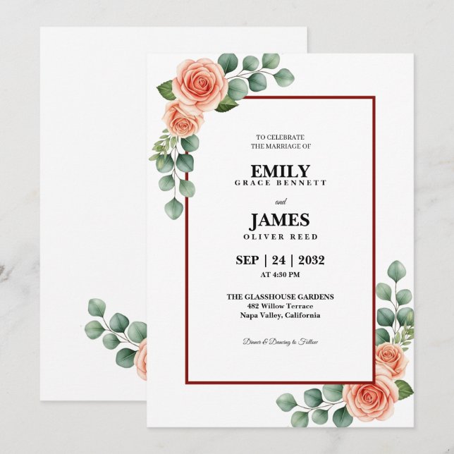 Convite de Casamento com Bordadura Floral de Eucal (Frente/Verso)