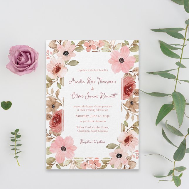 Convite de Casamento com Bordadura Floral de Jardi (Romantic Garden Floral Border Wedding Invitation)