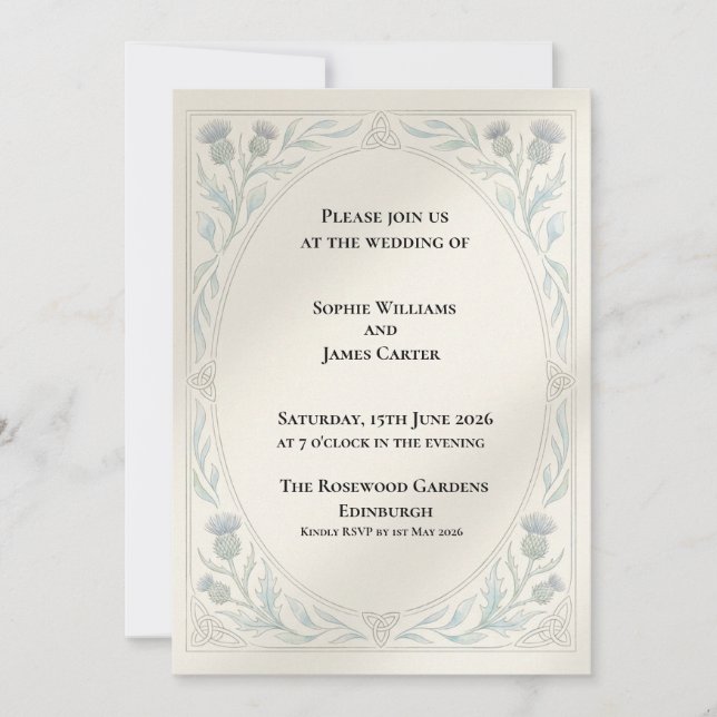 Convite de Casamento com Bordas Botânicas Azul Cin (Frente)