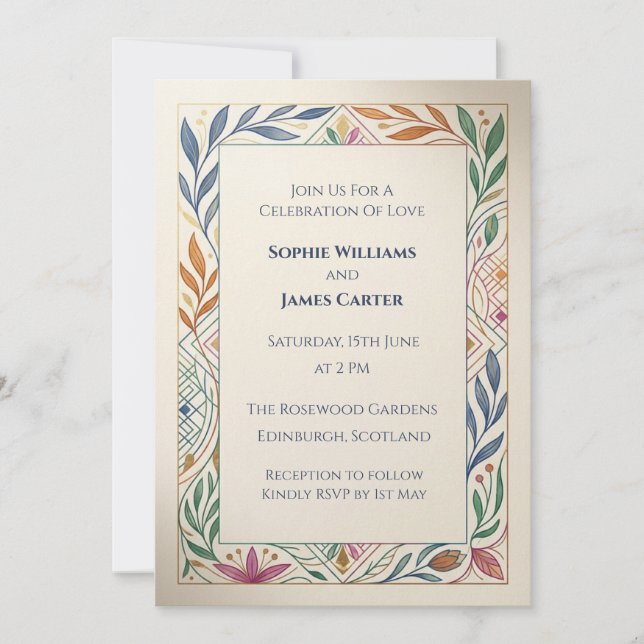 Convite de Casamento com Bordas Botânicas Pastel (Frente)