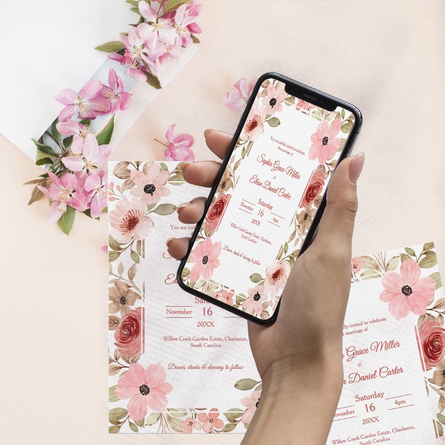 Convite de Casamento com Bordas de Jardim Floral R (Blush Floral Garden Border Wedding Invitation)