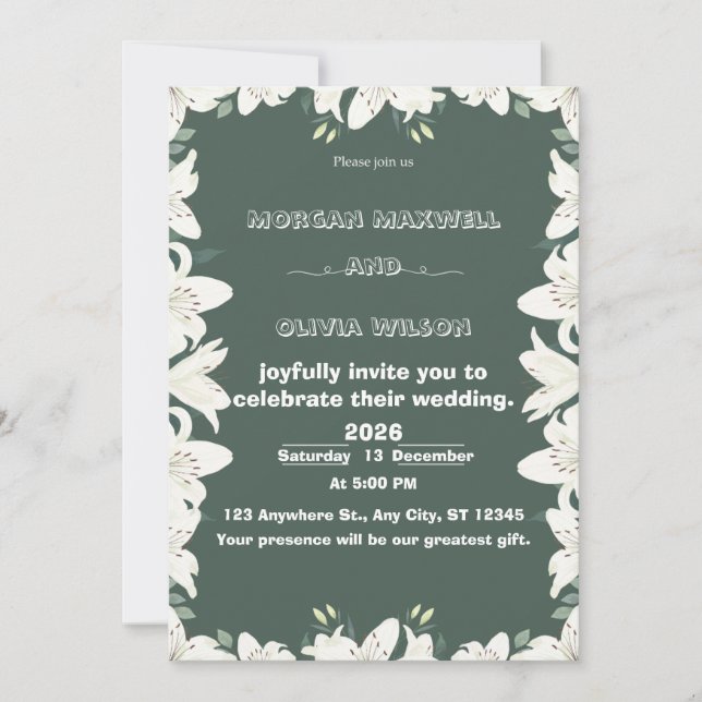Convite de Casamento com Bordas de Lírio Elegante  (Frente)