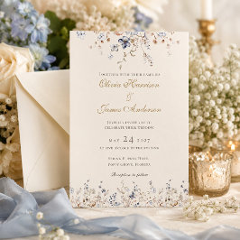 Convite de Casamento com Bordas Florais em Azul De
