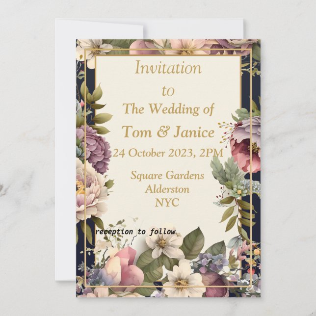 Convite de casamento com bordas florais requintada (Frente)