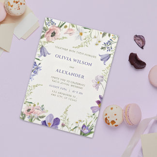 Convite de Casamento com Bordas Florais Roxo e Cre