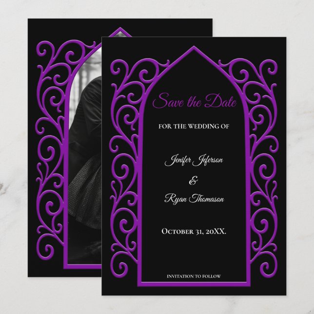 Convite de casamento com bordas roxas ornamentadas (Frente/Verso)