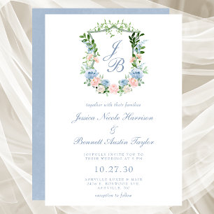 Convite de Casamento com Brasão Floral Azul Empoei