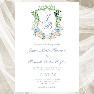Convite de Casamento com Brasão Floral Azul Empoei