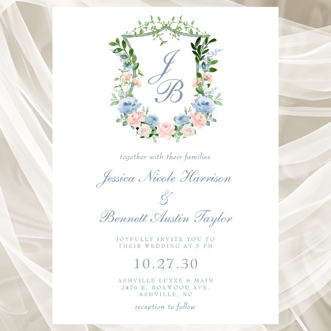Convite de Casamento com Brasão Floral Azul Empoei (Criador carregado)
