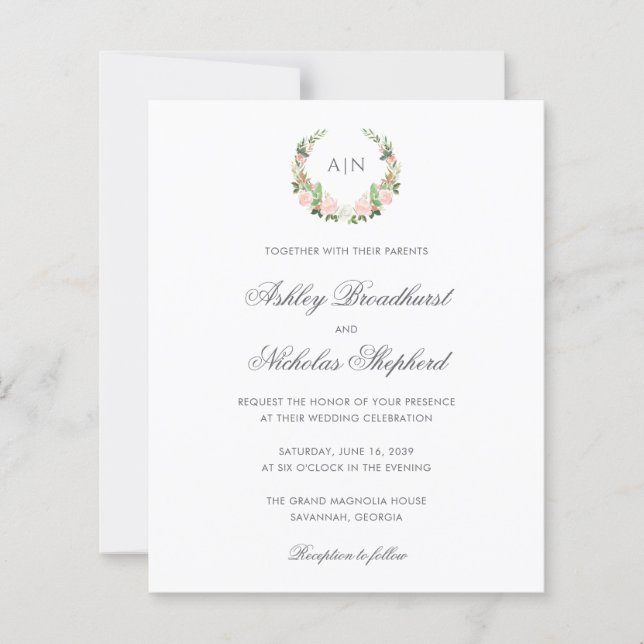 Convite de Casamento com Brasão Floral em Aquarela (Frente)