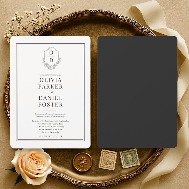 Convite de Casamento com Brasão Minimalista Preto  (Criador carregado)
