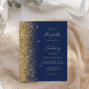 Convite de Casamento com Brilho Dourado Azul Marin
