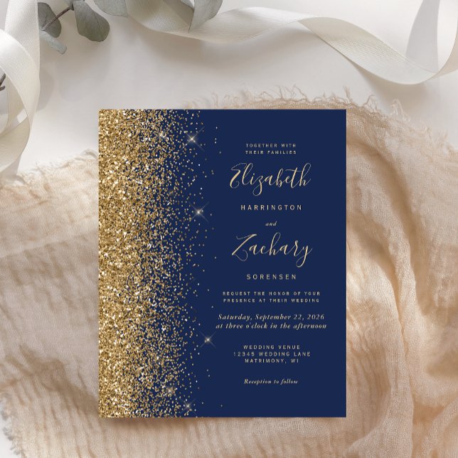 Convite de Casamento com Brilho Dourado Azul Marin (Criador carregado)