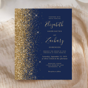 Convite de Casamento com Brilho Dourado Azul Marin