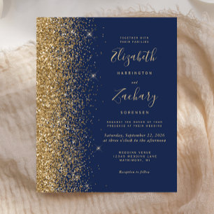 Convite de Casamento com Brilho Dourado Azul Marin